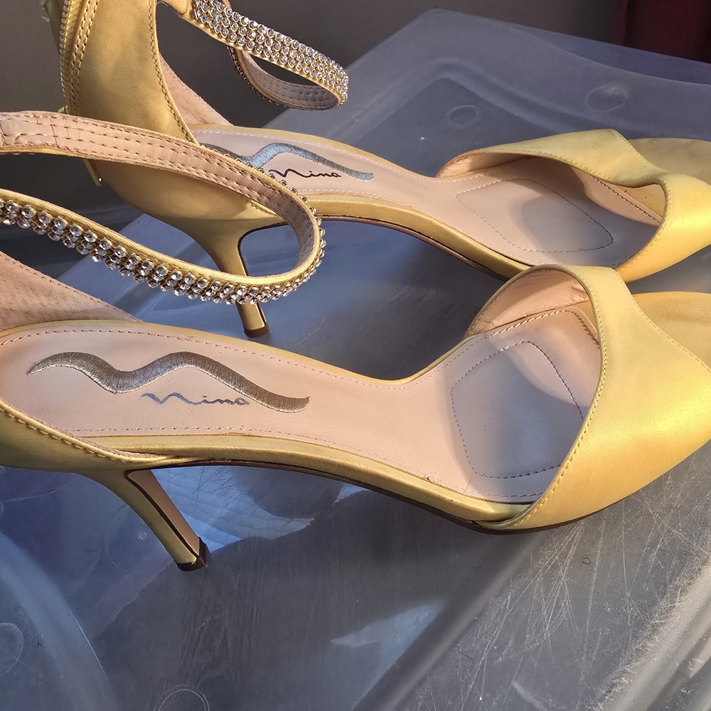 Nina Yellow Satin Open-Toe Heels with Crystal Ankle Strap